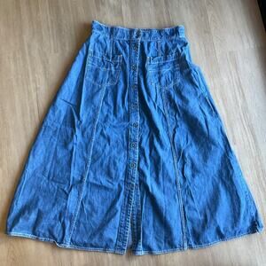 Vintage 90s Denim Jean Button Maxi Skirt Y2K blue midi maxi chambray western  14